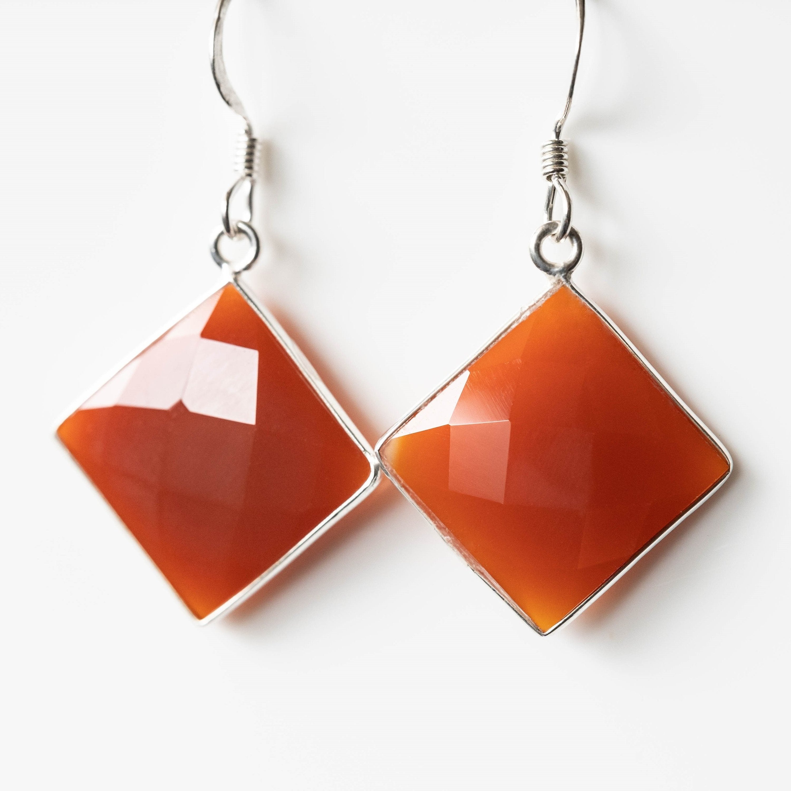 Carnelian Square Drop Earrings Sterling Silver Hooks
