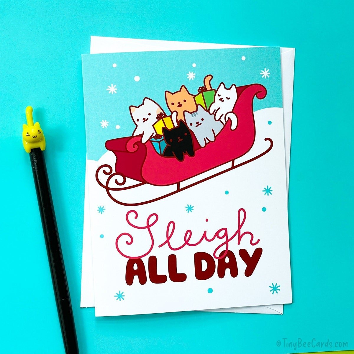 Cat Christmas and Holidays Card &amp;quot;Sleigh All Day&amp;quot;