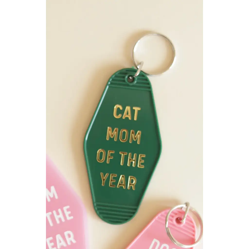 Cat Mom Motel Keychain in Green with Gold Text