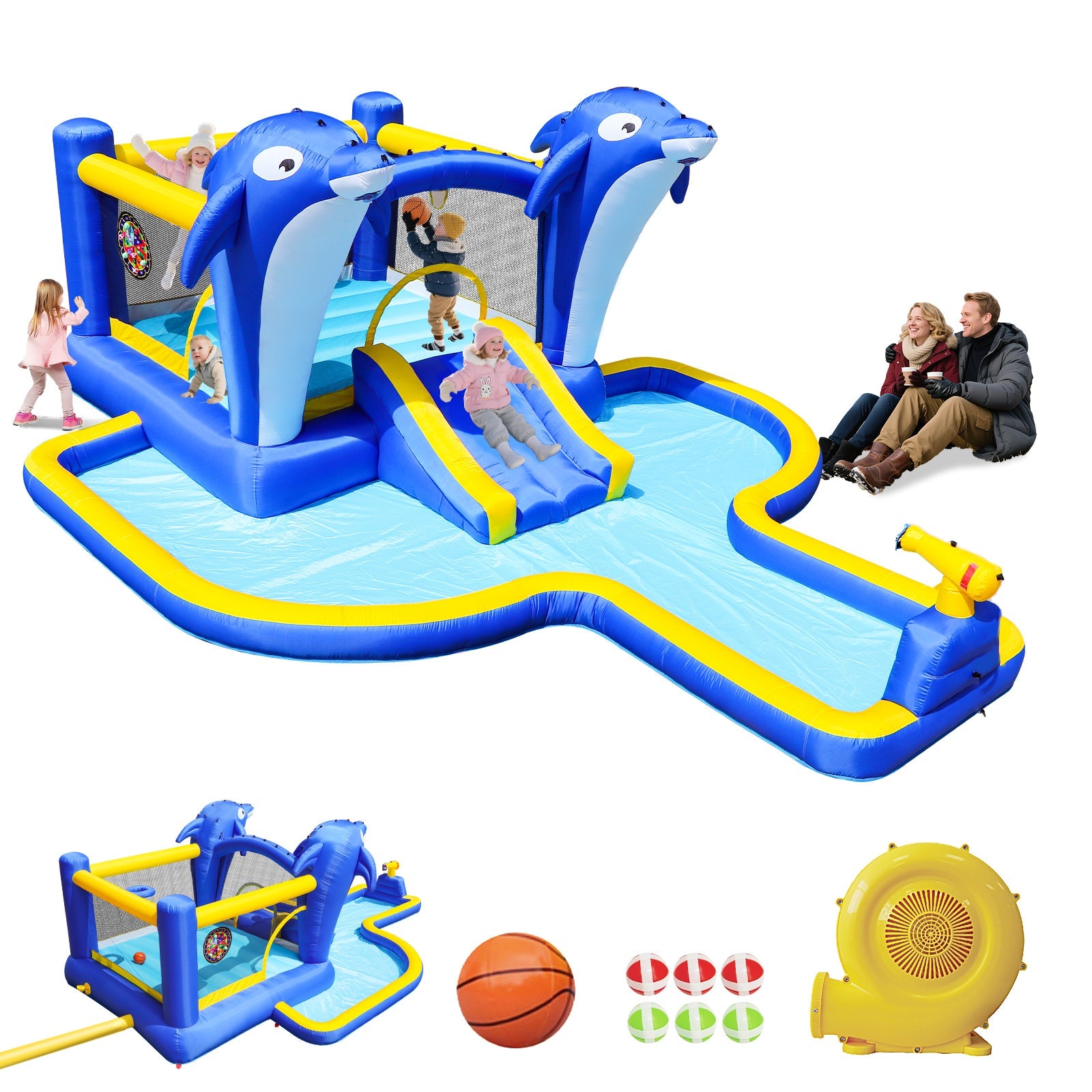 8 in1 Inflatable slide water park trampoline bouncing house outdoor garden with  Dolphin sprinkler &amp;amp; Target games &amp;amp; Water gun &amp;amp; Basketball