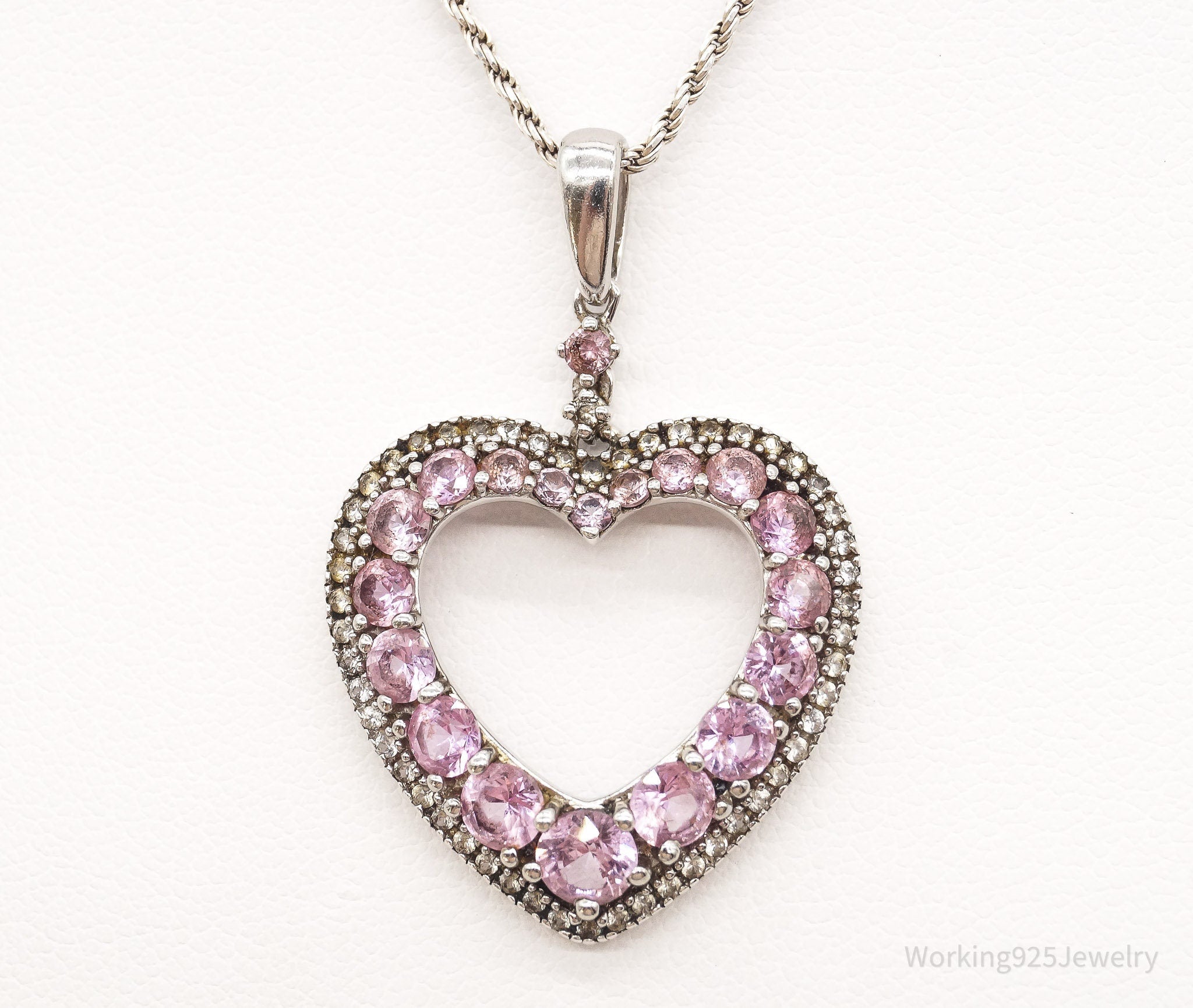 Vintage Pink &amp;amp; White Cubic Zirconia Heart Sterling Silver Necklace