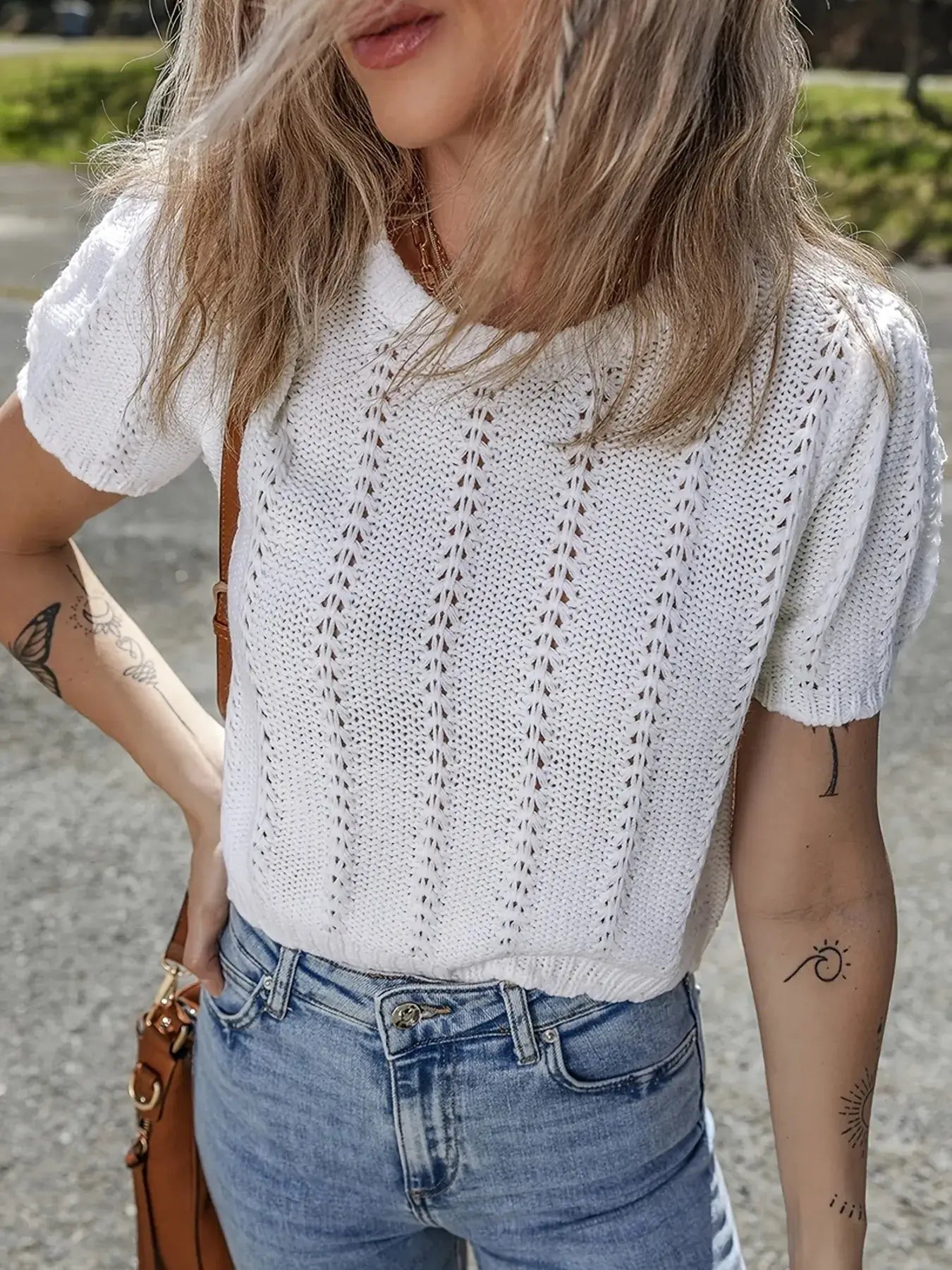 Openwork Round Neck Short Sleeve Sweater