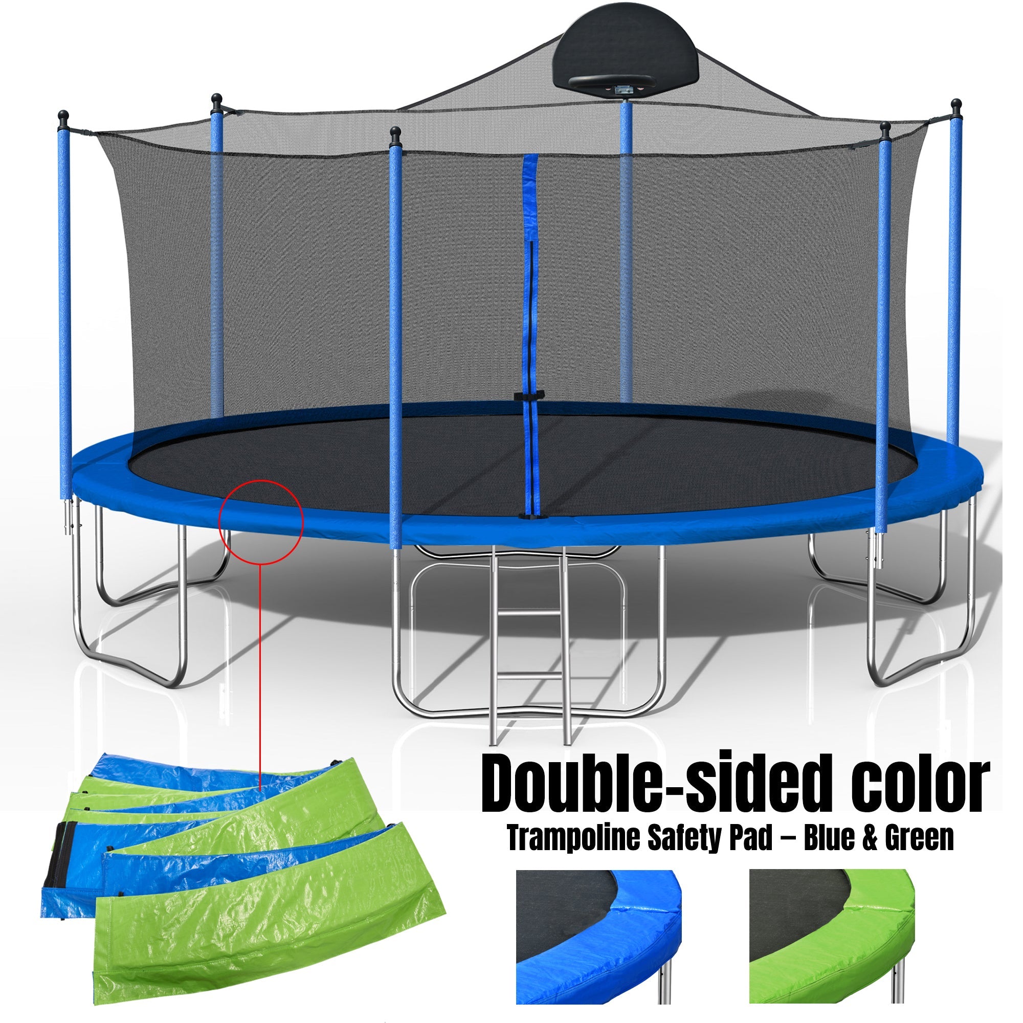 14FT Trampoline for Adults &amp;amp; Kids with Basketball Hoop, Outdoor Trampolines w/Ladder and Safety Enclosure Net for Kids and Adults,Double-side Color cover