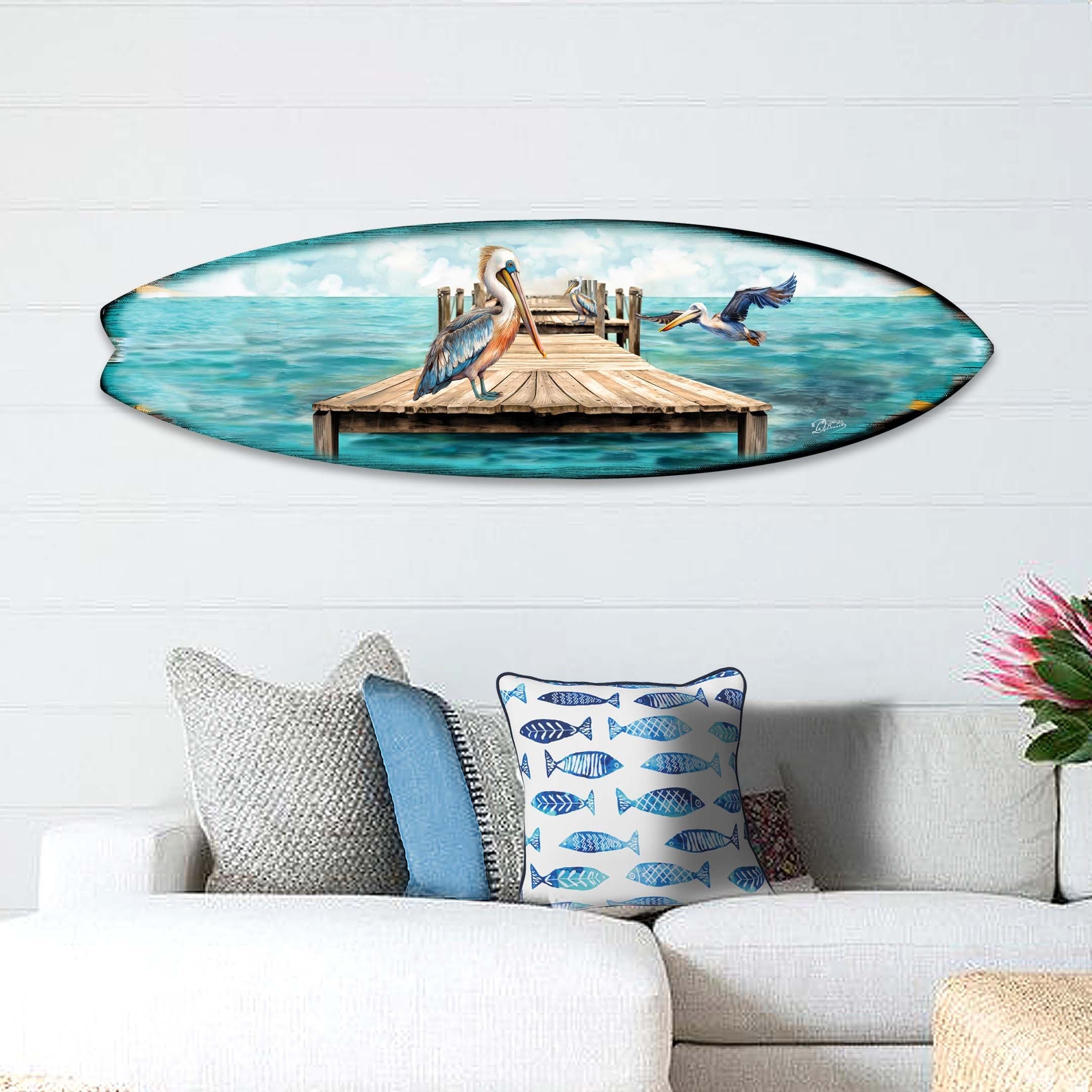 Pelican on the Pier Surfboard Coastal Wall Art by G. DeBrekht - Coastal Holiday Decor - 8490127HS