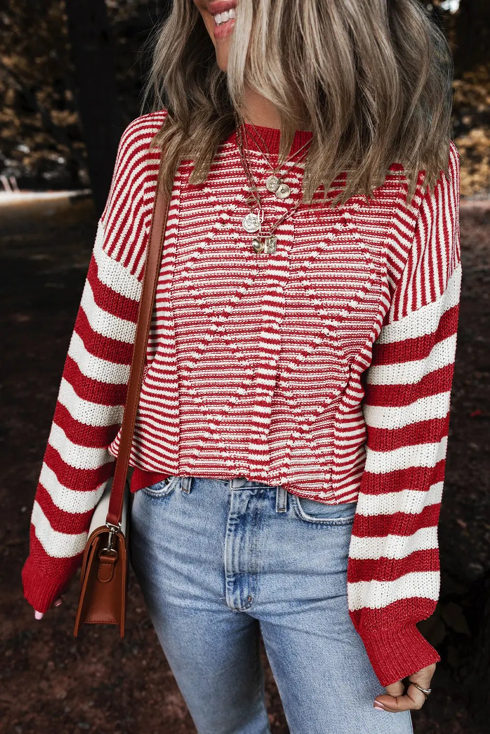 Threaded Pear Red Striped Sweater Women&amp;#39;s Casual Winter Knit Top + Cozy