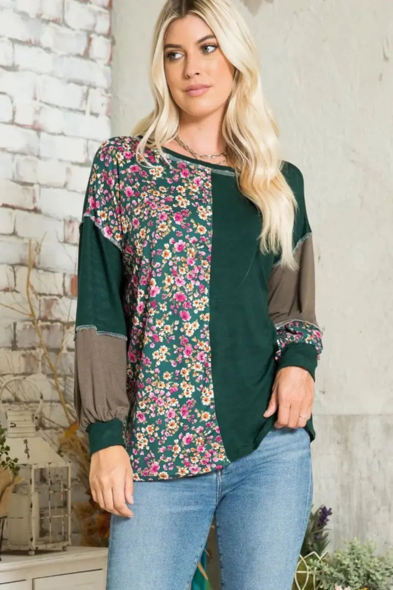 Floral Color Block Women&#39;s Casual T-Shirt + Exposed Seam + Soft Fabric