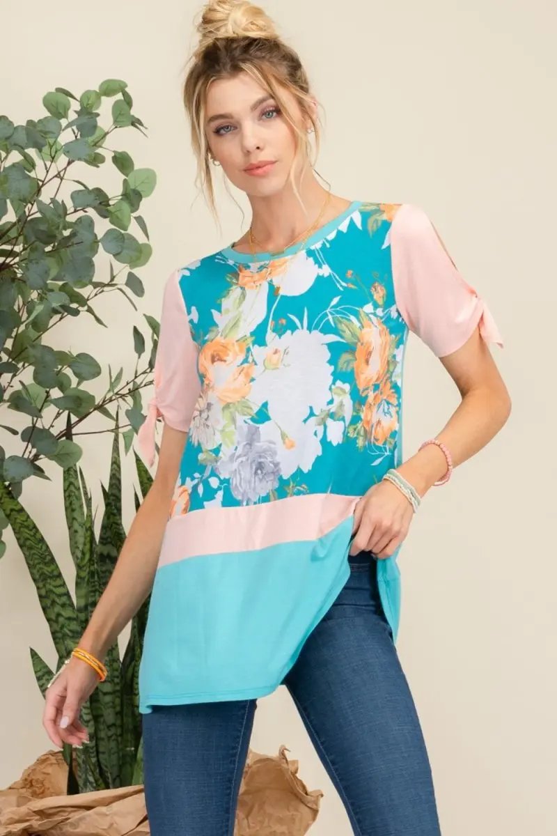 Floral Tunic Top Women&amp;#39;s Open Tie Sleeve Shirt USA Shipped