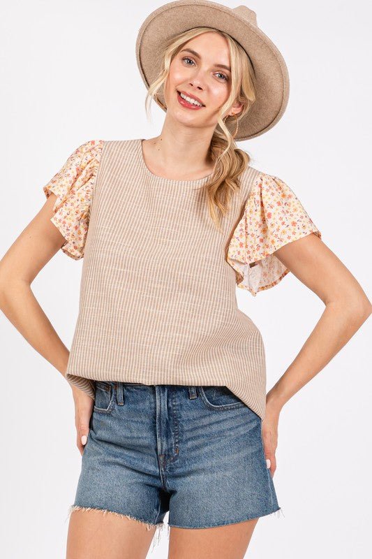 Ces Femme Round Neck Floral Short Sleeve Top for Women
