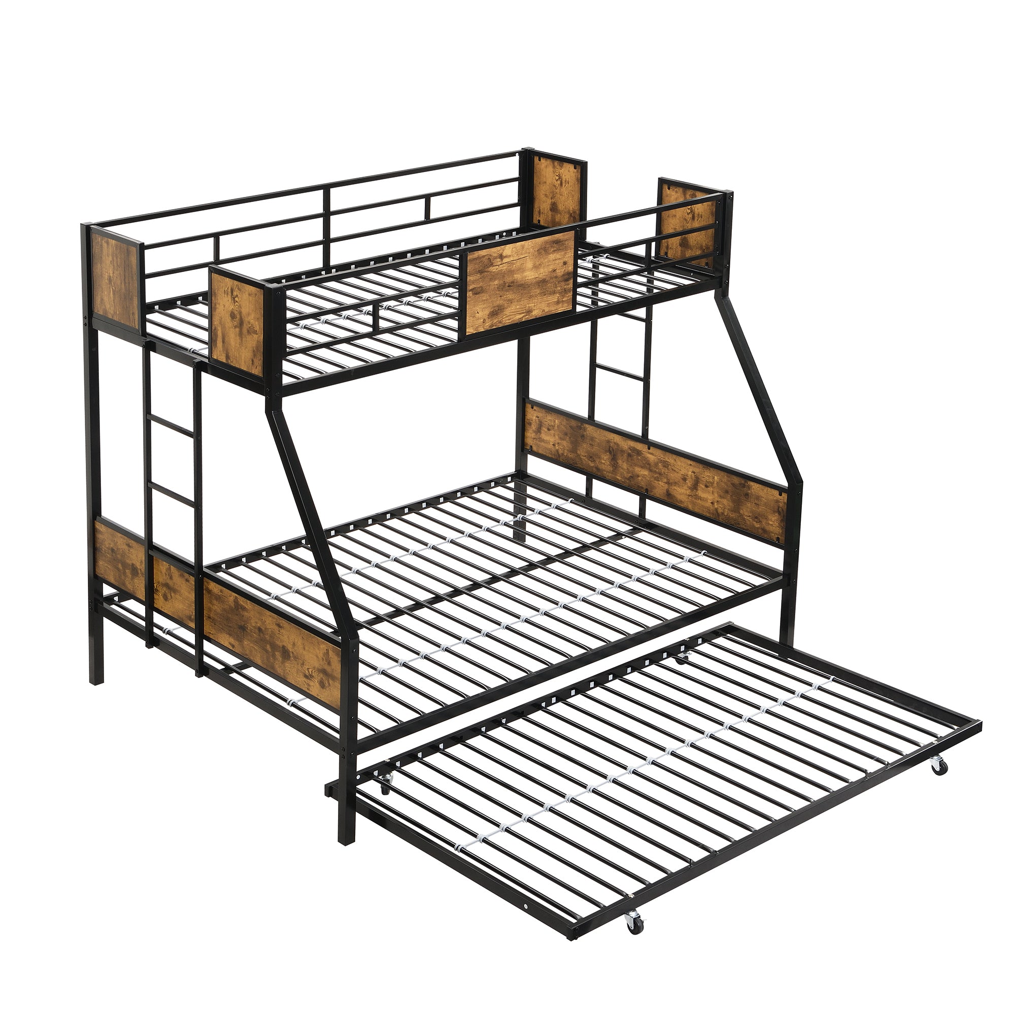 Modern Twin Over Full Metal Bunk Bed with Trundle and Dual Side Ladder, Black &amp;amp; Brown MDF and Metal Design, Easy Assembly