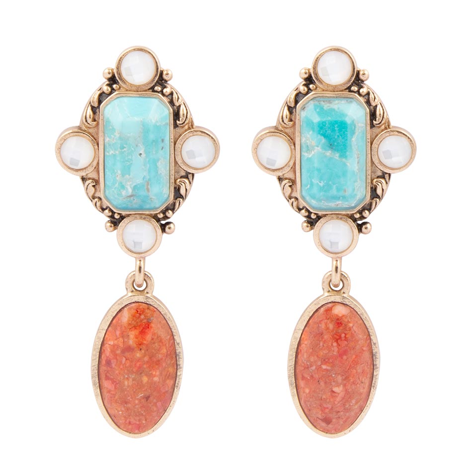 Champs Blue Turquoise and Orange Coral Post Drop Golden Earrings