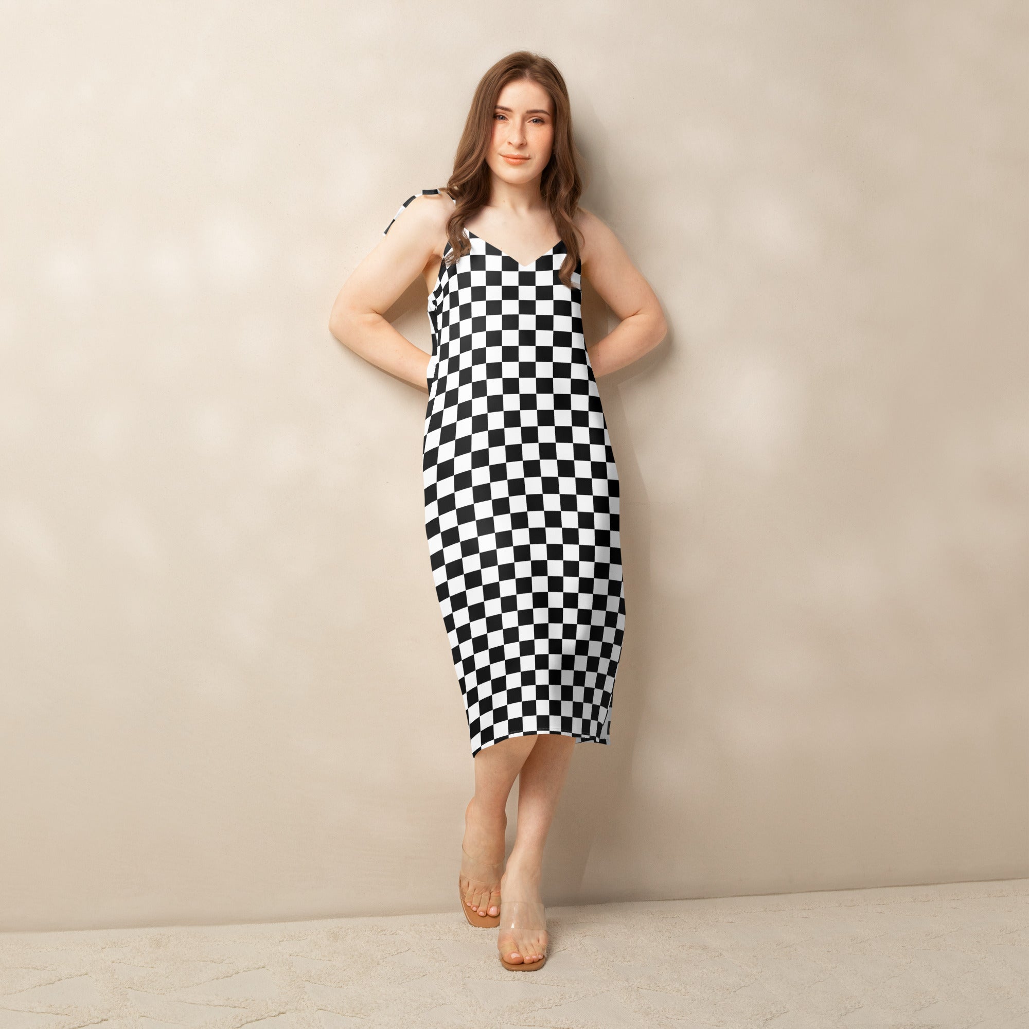 Checkerboard Black and white Tie-strap midi dress