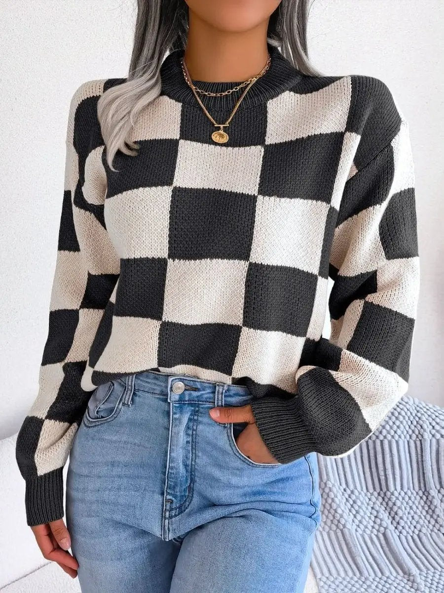 Trendsi Checkered Sweater Women&amp;#39;s Fall Fashion Long Sleeve Mock Neck Acrylic Knit Top