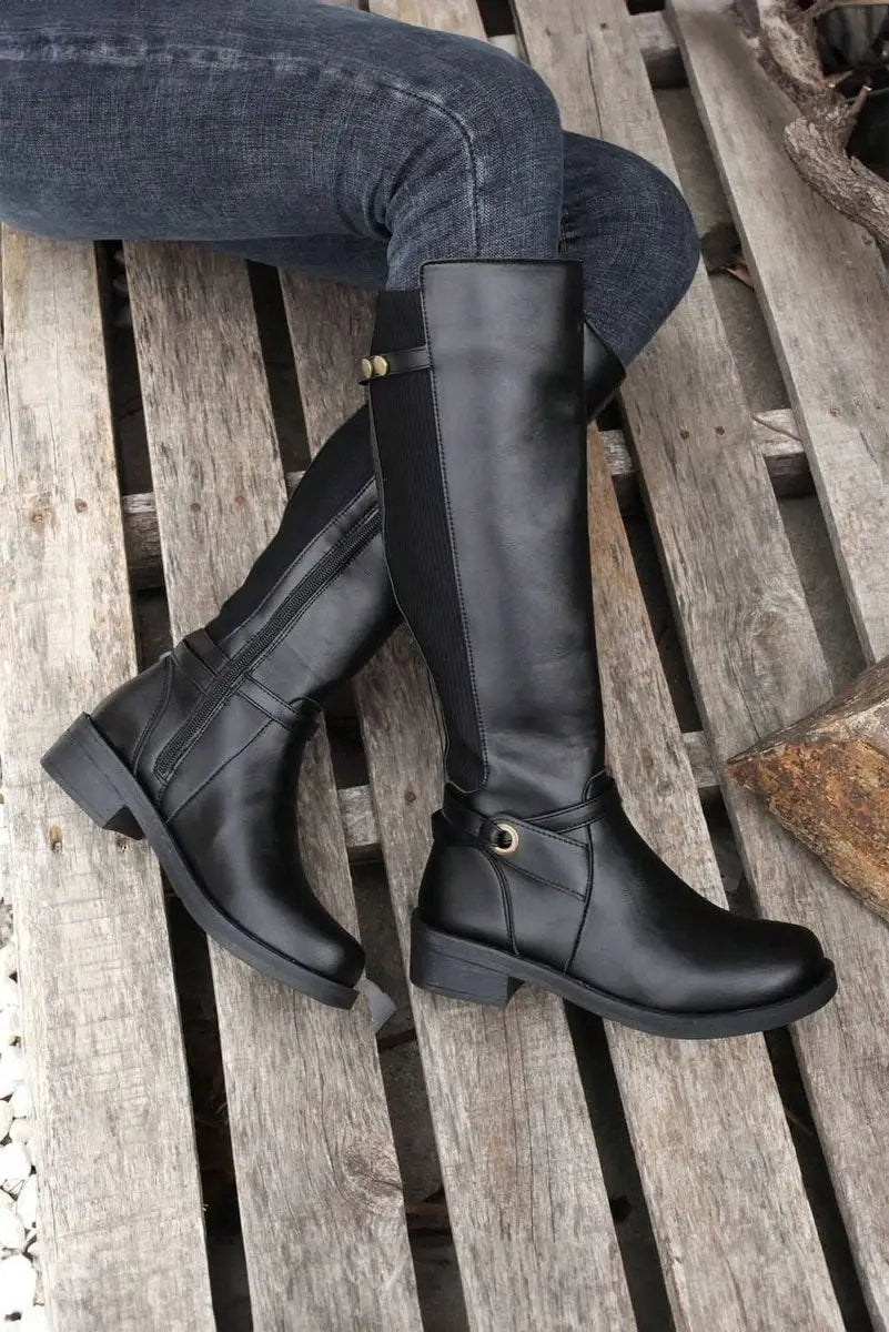 Love Salve Black Faux Leather Women&amp;#39;s Knee-High Boots Western Style + Chunky Heel