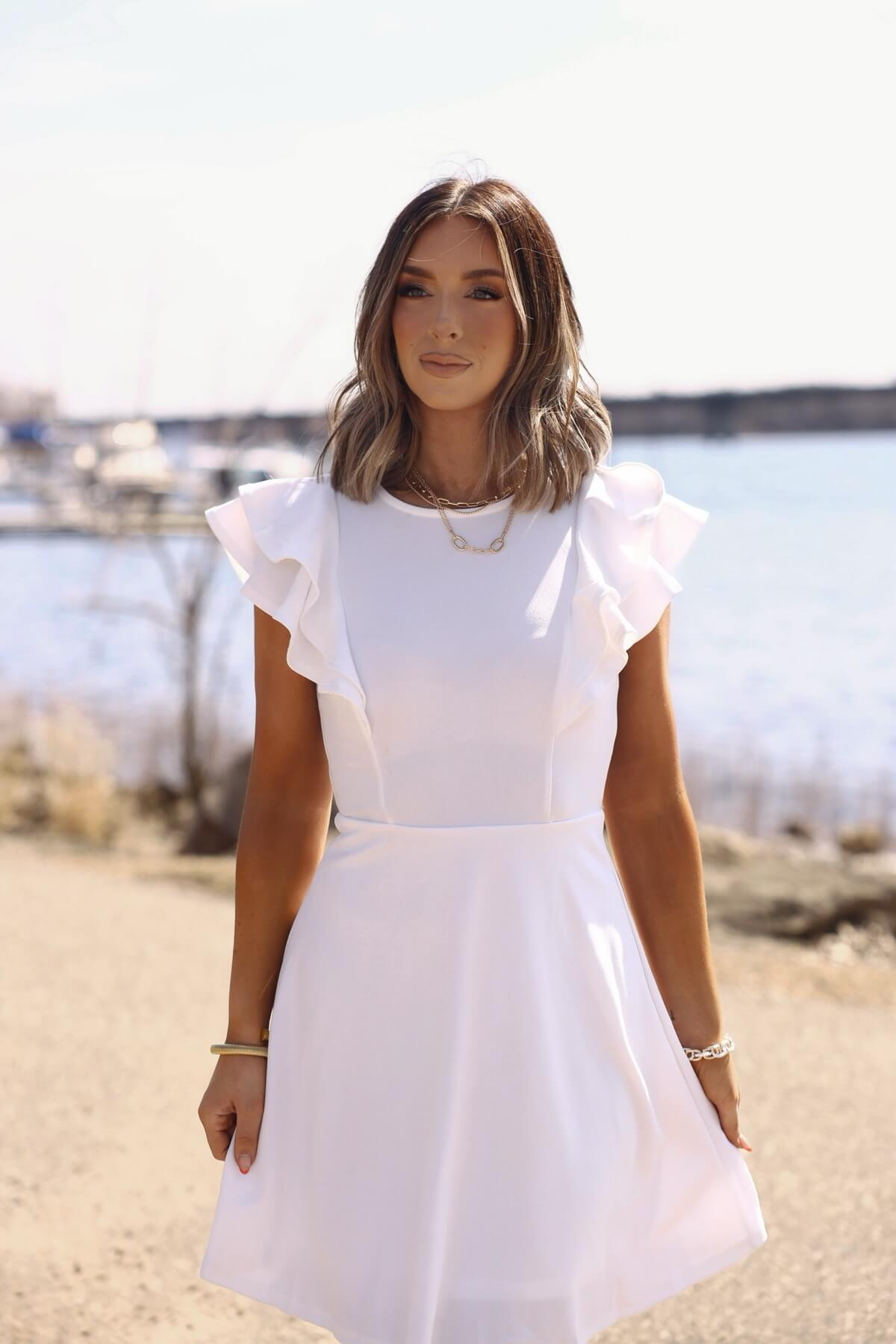 Chic &amp;amp; Classy White Flutter Sleeve Mini Dress - FINAL SALE