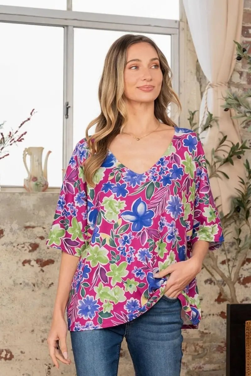 Floral V-Neck Top Women&amp;#39;s Casual Half Sleeve Shirt - Chic &amp;amp; Comfy
