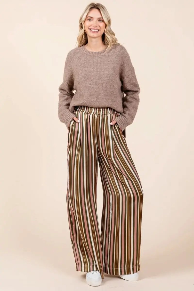 Trendsi Striped Satin Pants Women&amp;#39;s Casual Wide Leg Trousers with Pockets