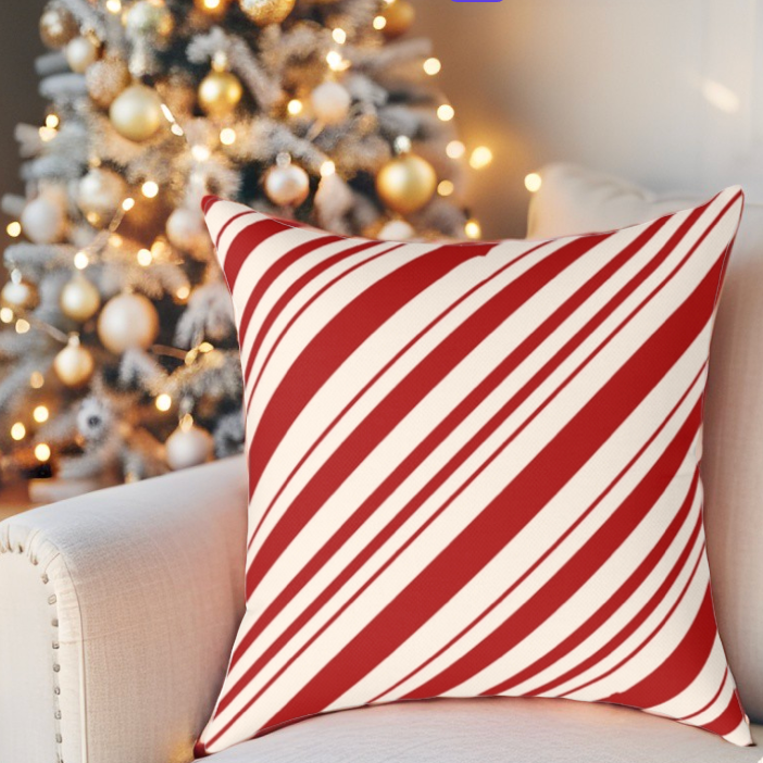 Red and White Striped Christmas Throw Pillow - Candy Cane Accent Cushion