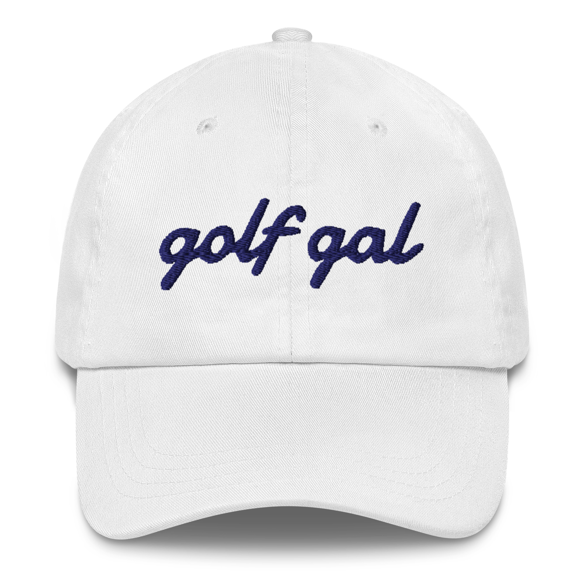 GOLF GAL Script Embroidered Dad Hat – White with Navy Thread