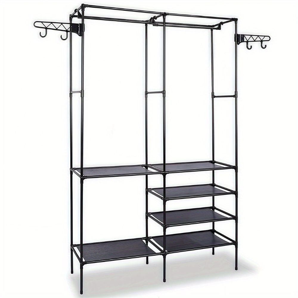Clothing Rack Clothes Rack, 66&amp;#39;&amp;#39; Multifunctional Garment Rack for Hanging Clothes, 4 Tiers Portable Closet Rack with 4 Hooks &amp;amp; 2 Hanging Rods, Coated Metal Freestanding Closet Wardrobe System, Black