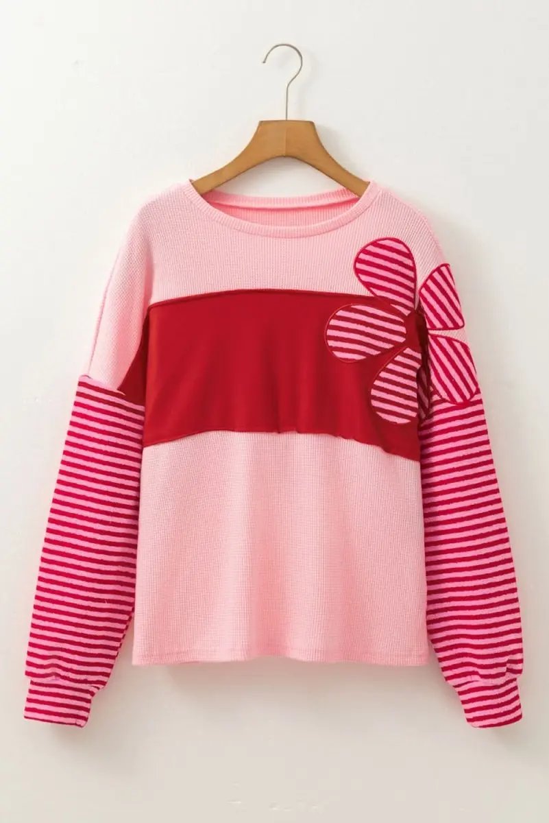 Love Salve Pink Floral Top Women&amp;#39;s Daily Casual Waffle Knit Tee - Color Block &amp;amp; Striped