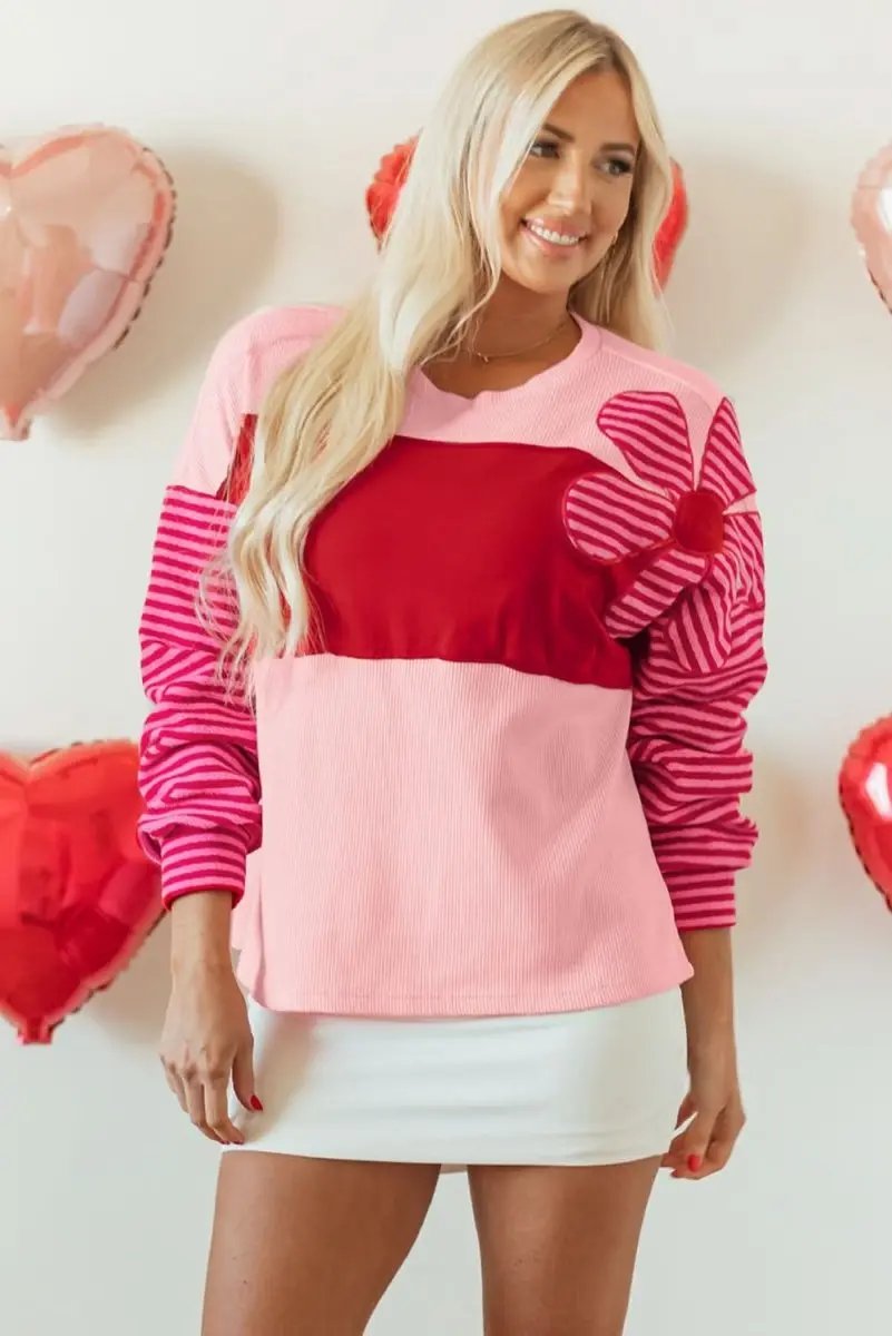 Love Salve Pink Floral Top Women&#39;s Daily Casual Waffle Knit Tee - Color Block &amp; Striped