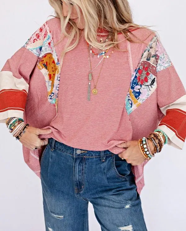 Color Block Stripe Floral Dolman Tunic Top