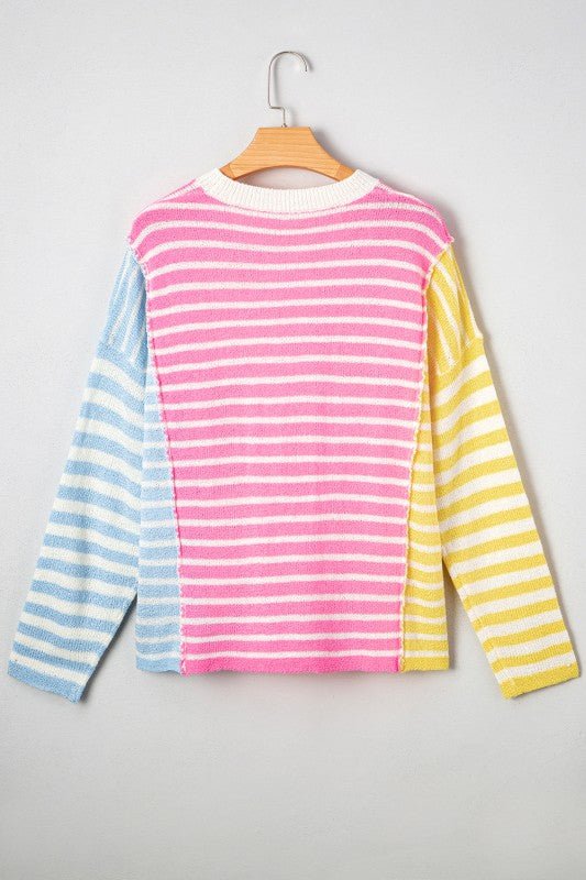 Colorblock Striped Patchwork Dolman  Slit Sweater