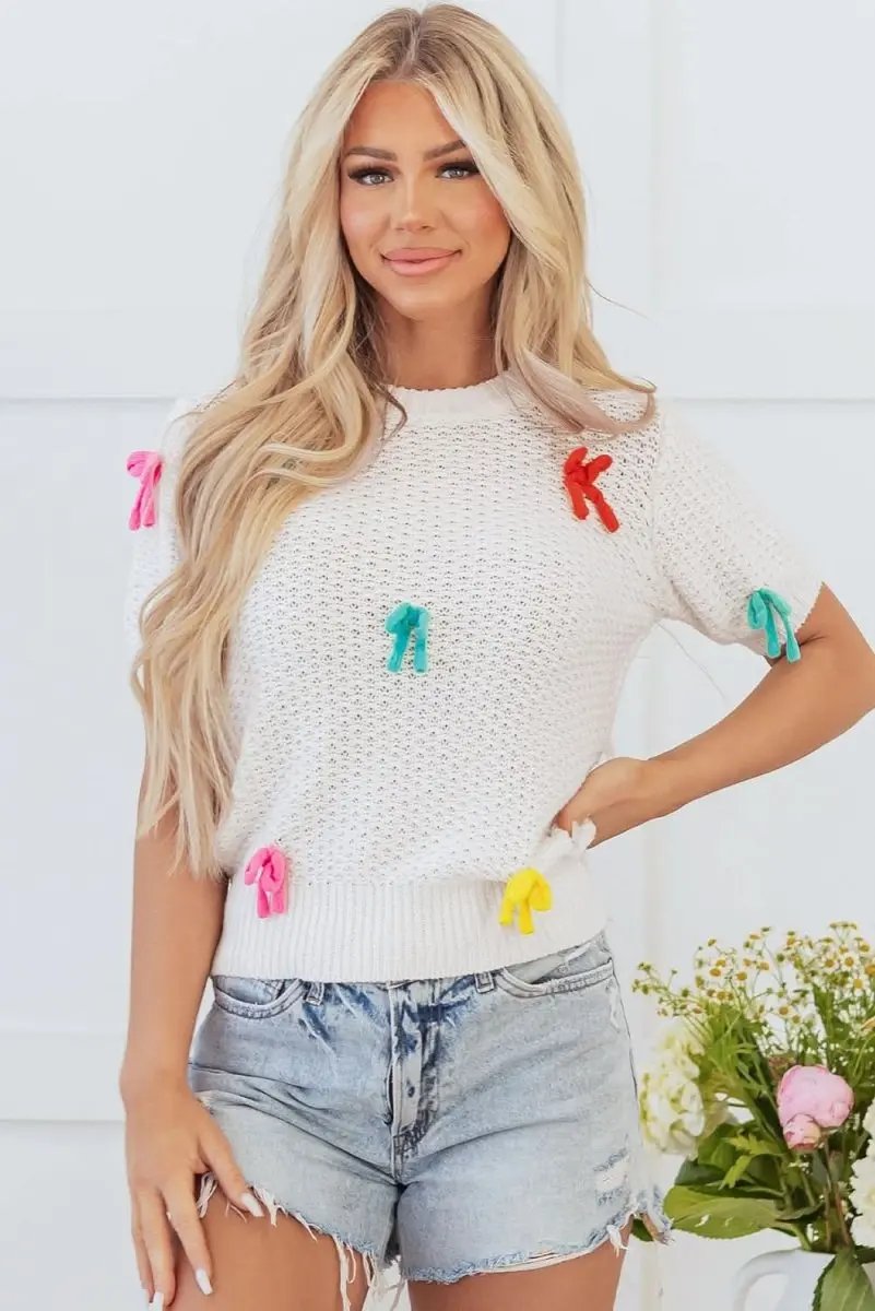 Love Salve White Knit Sweater Women&amp;#39;s Fashion Top Colorful Bows Mock Neck