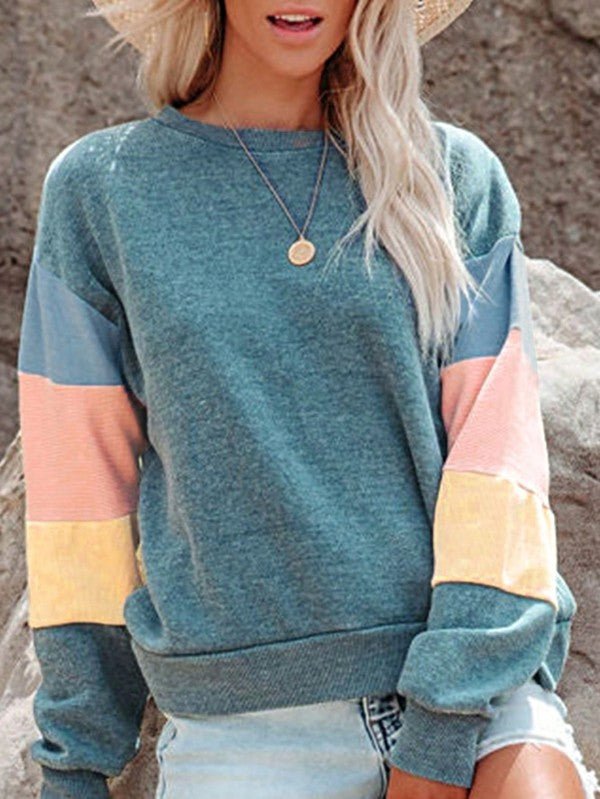 Cotton Casual Color Block Drop Sleeve Sweatshirt