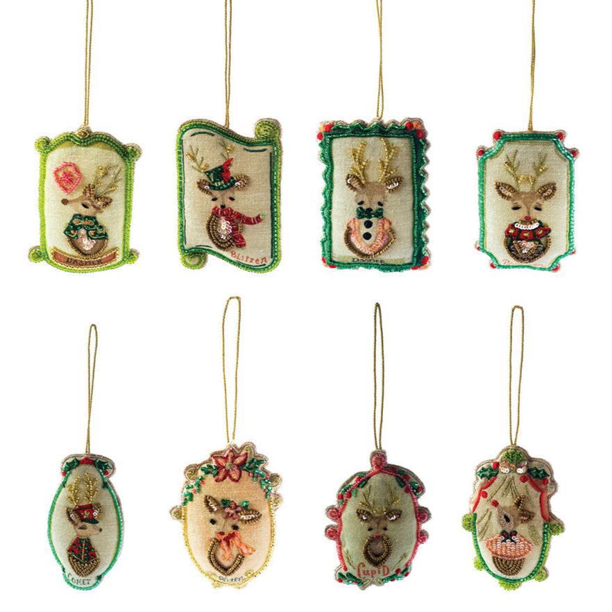 Cotton Santa&amp;#39;s Reindeer Ornament w/ Glass Beads &amp;amp; Sequins Set of 8