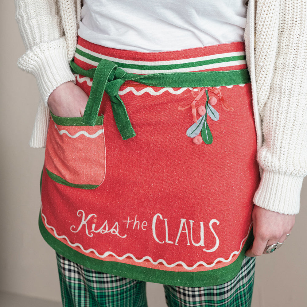 Embroidered &amp;amp; Printed Christmas Apron with Pom Poms &amp;amp; Pocket