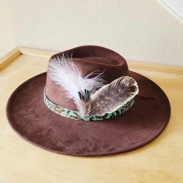 Cowboy Turquoise Leather Hat Band w/Feather Accent