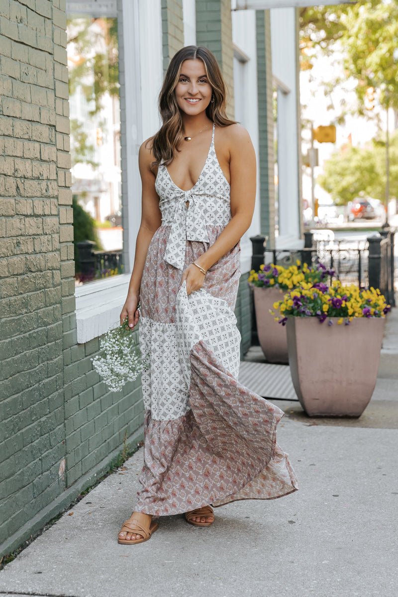 Cream Color Block Halter Maxi Dress - FINAL SALE