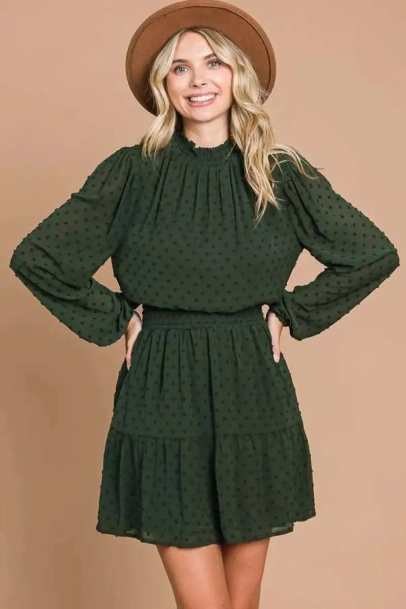 Swiss Dot Mini Dress Women&amp;#39;s Casual Smock Neck Pockets Cute