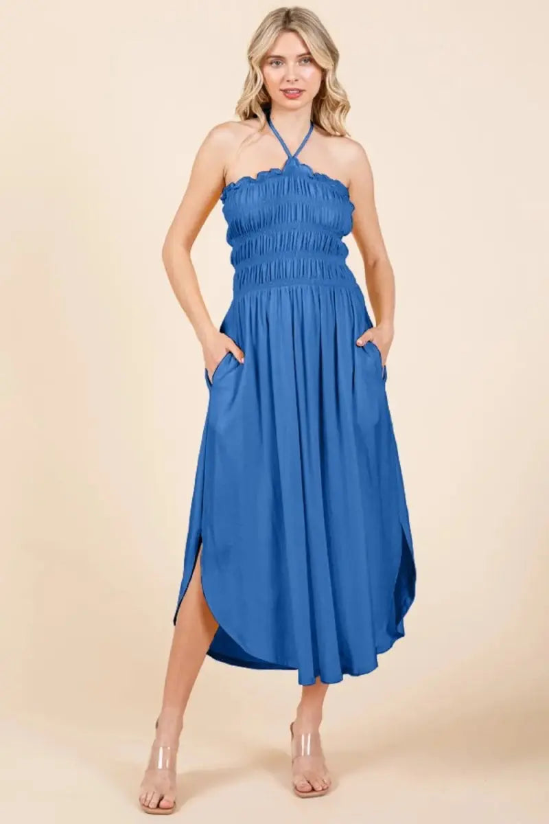 Trendsi Tie-Back Shirring Dress Women&amp;#39;s Casual Day Dress with Pockets