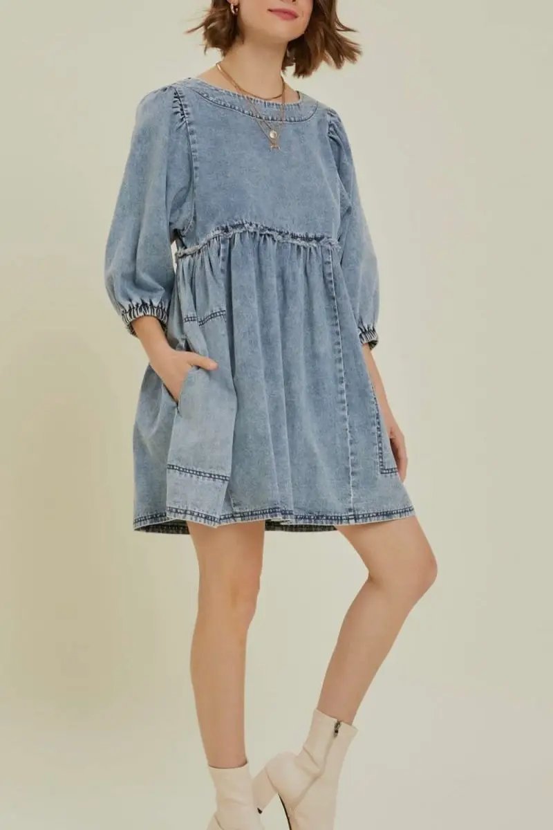Trendsi Denim Dress Women&amp;#39;s Casual Mini Dress Cutout Round Neck Balloon Sleeve