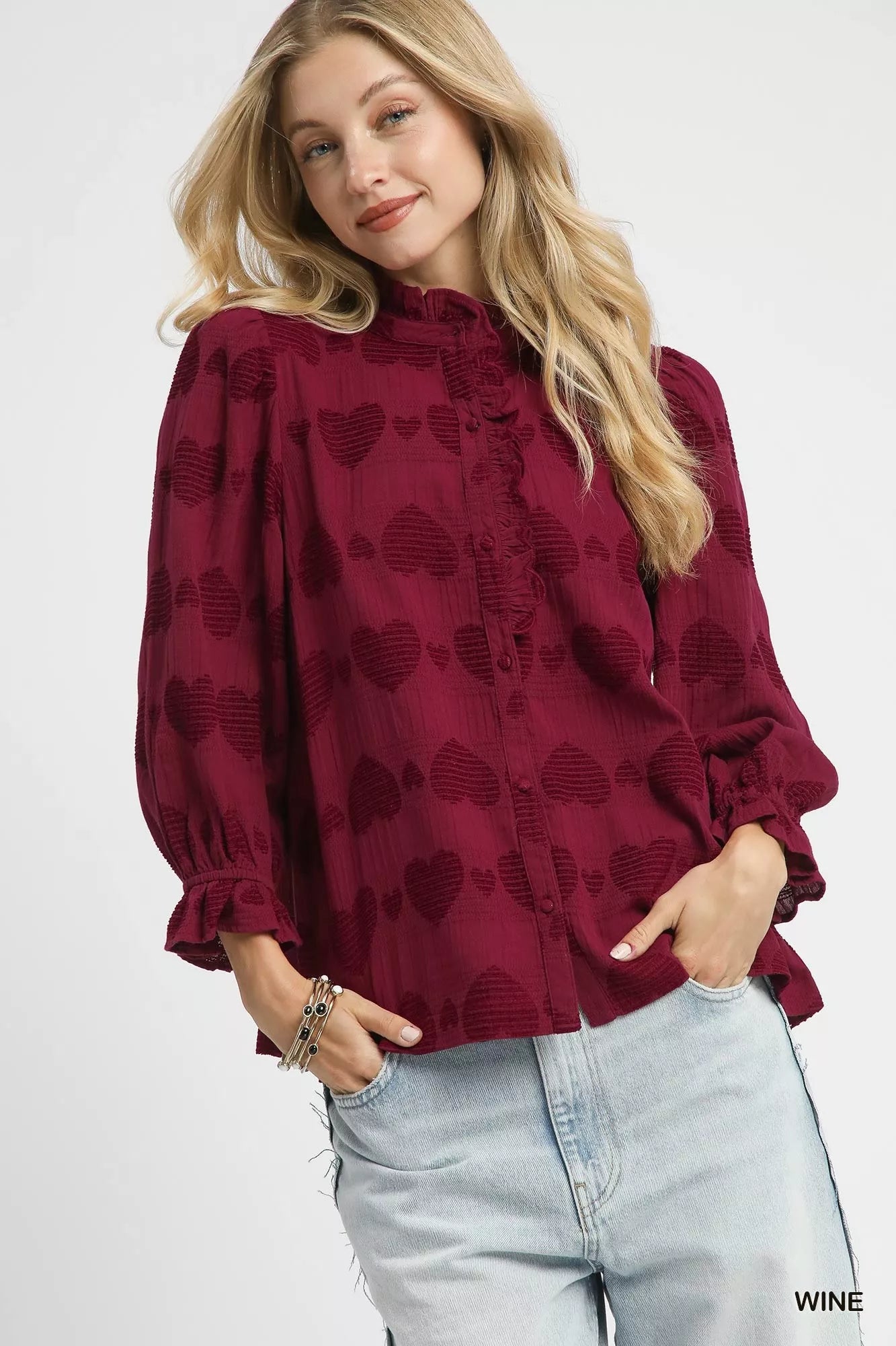 Umgee Heart Jacquard Ruffle Trim Shirt