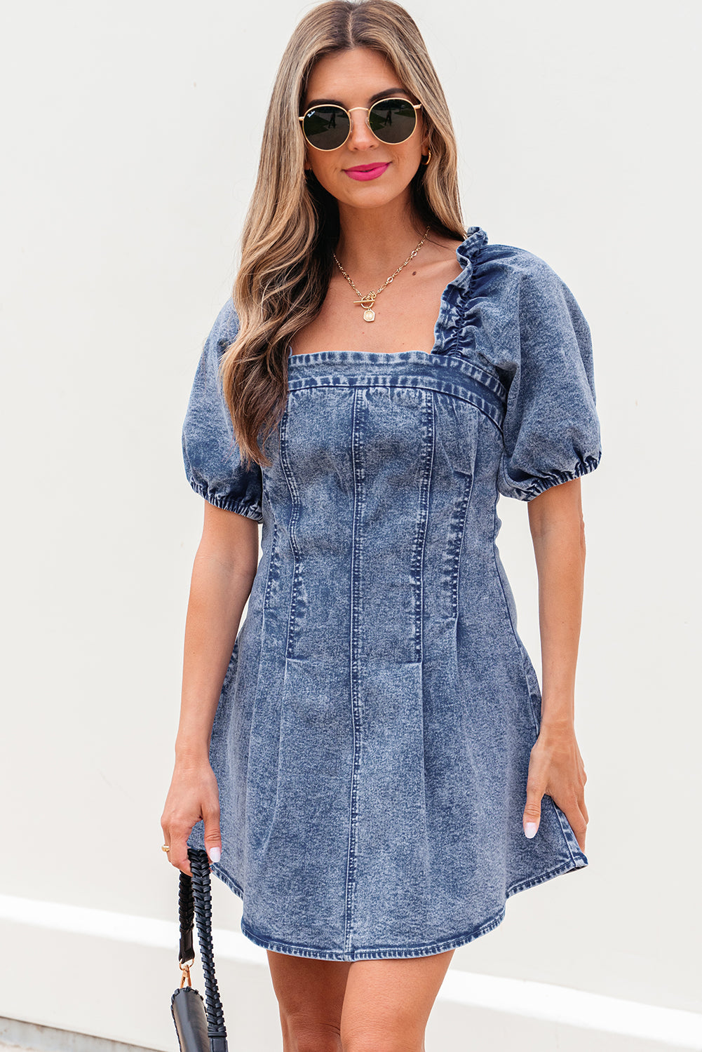Celia Square Neck Bustier Puff Sleeve Short Denim Dress