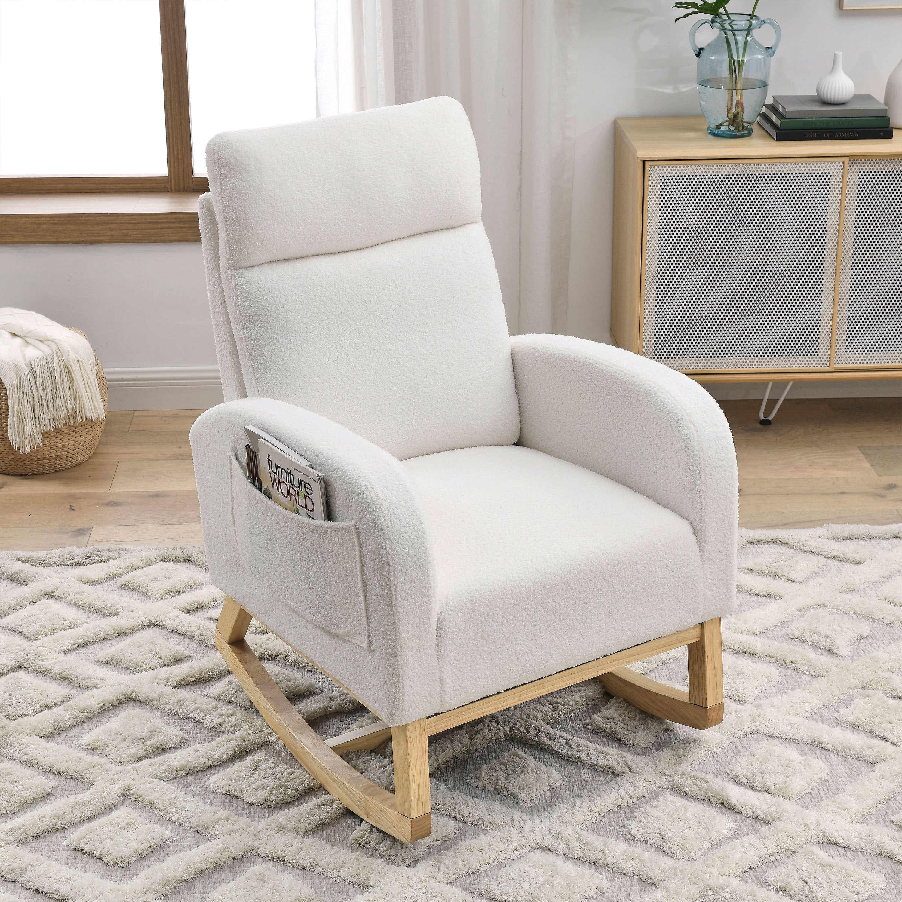 [Video] Welike 27.6&amp;#39;W Modern Accent High Backrest Living Room Lounge Arm Rocking Chair, Two Side Pocket ,Teddy White (Ivory)