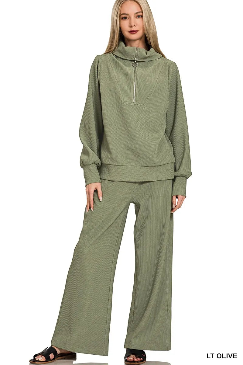 Zenana Ribbed High Neck Half Zip Pullover &amp;amp; Pants Set