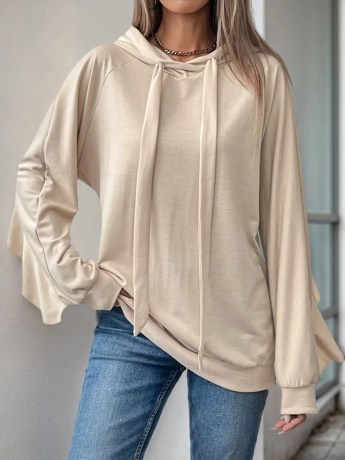 Trendsi Ruffled Hoodie Women&amp;#39;s Casual Drawstring Long Sleeve Top Cozy Stylish