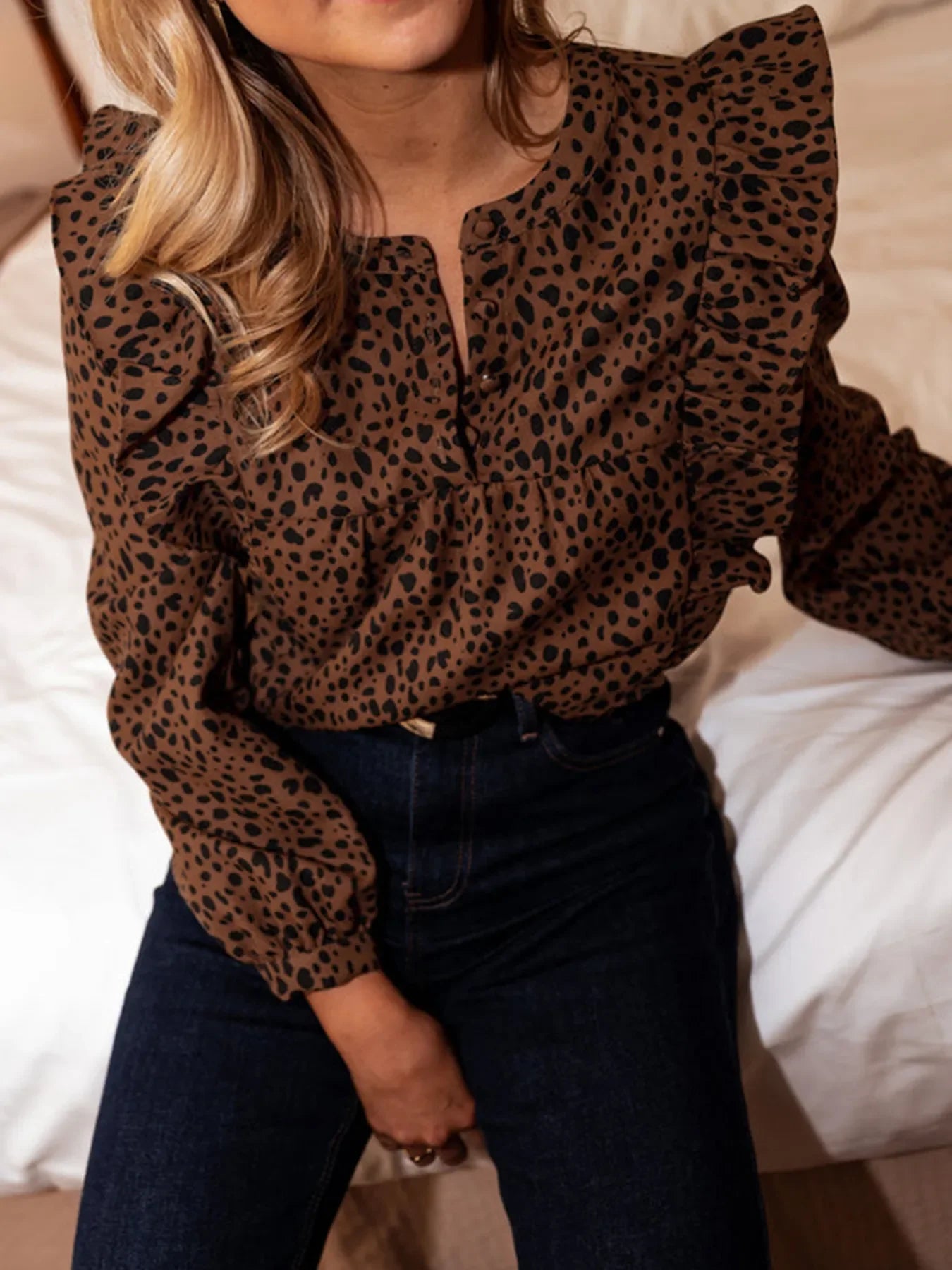 Leopard Print Ruffled Puff Sleeve Blouse
