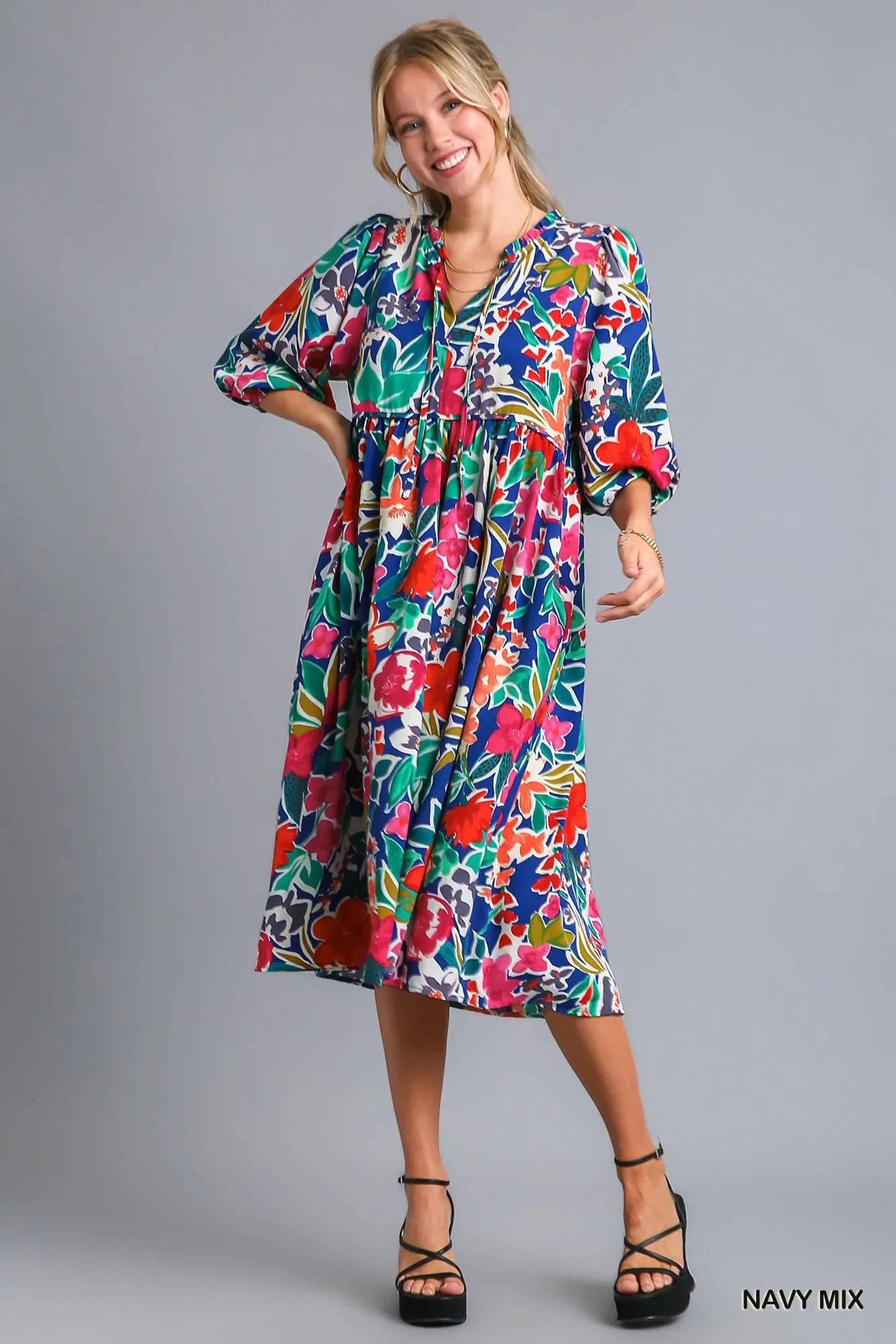 Umgee Floral Print Tie Neck Midi Dress with Pockets