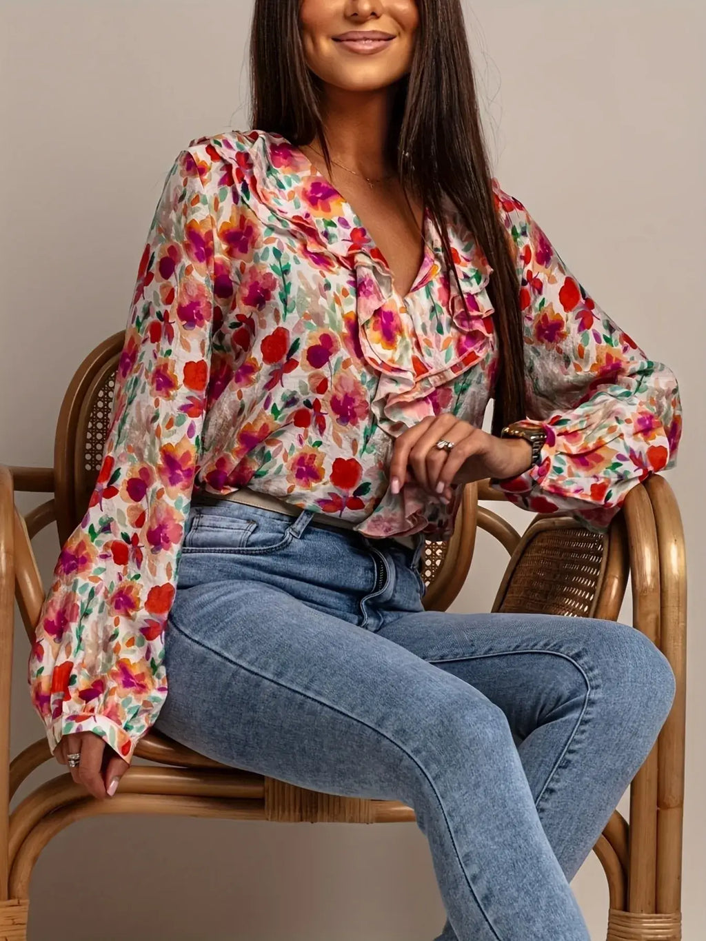 Floral Print Ruffle V Neck Long Sleeve Blouse For Women