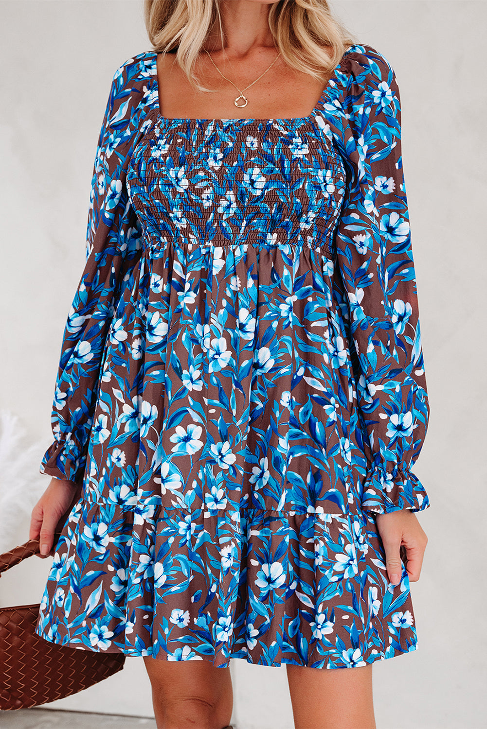 Floral Smocked Bodice Ruffle Sleeve Dress