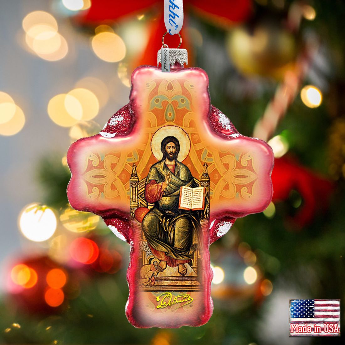 Jesus Cross Glass Ornament by G. DeBrekht - Nativity Holiday Decor - 758-005