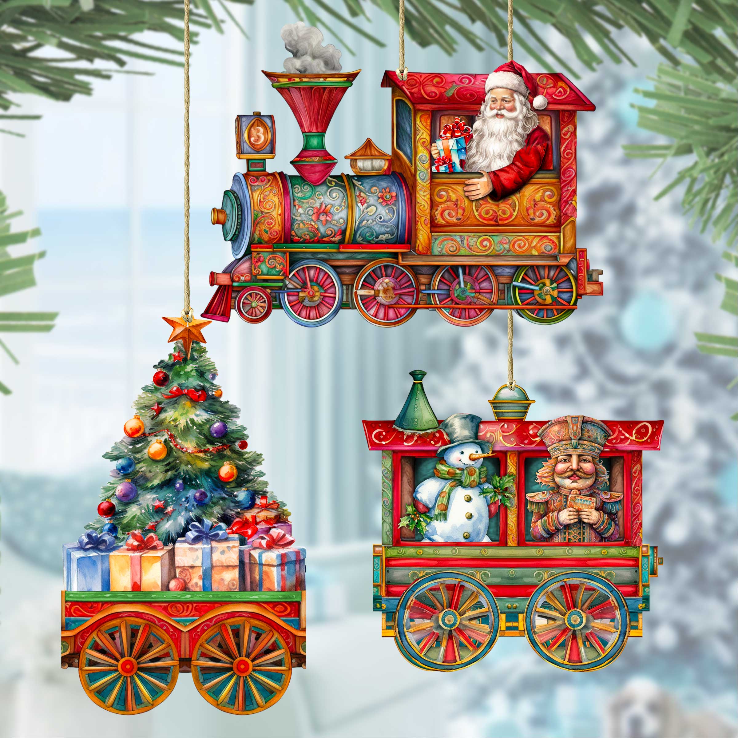 Santa&amp;#39;s Train Wooden Ornaments Set of 3 by G. Debrekht - Christmas Décor - 8100202S3