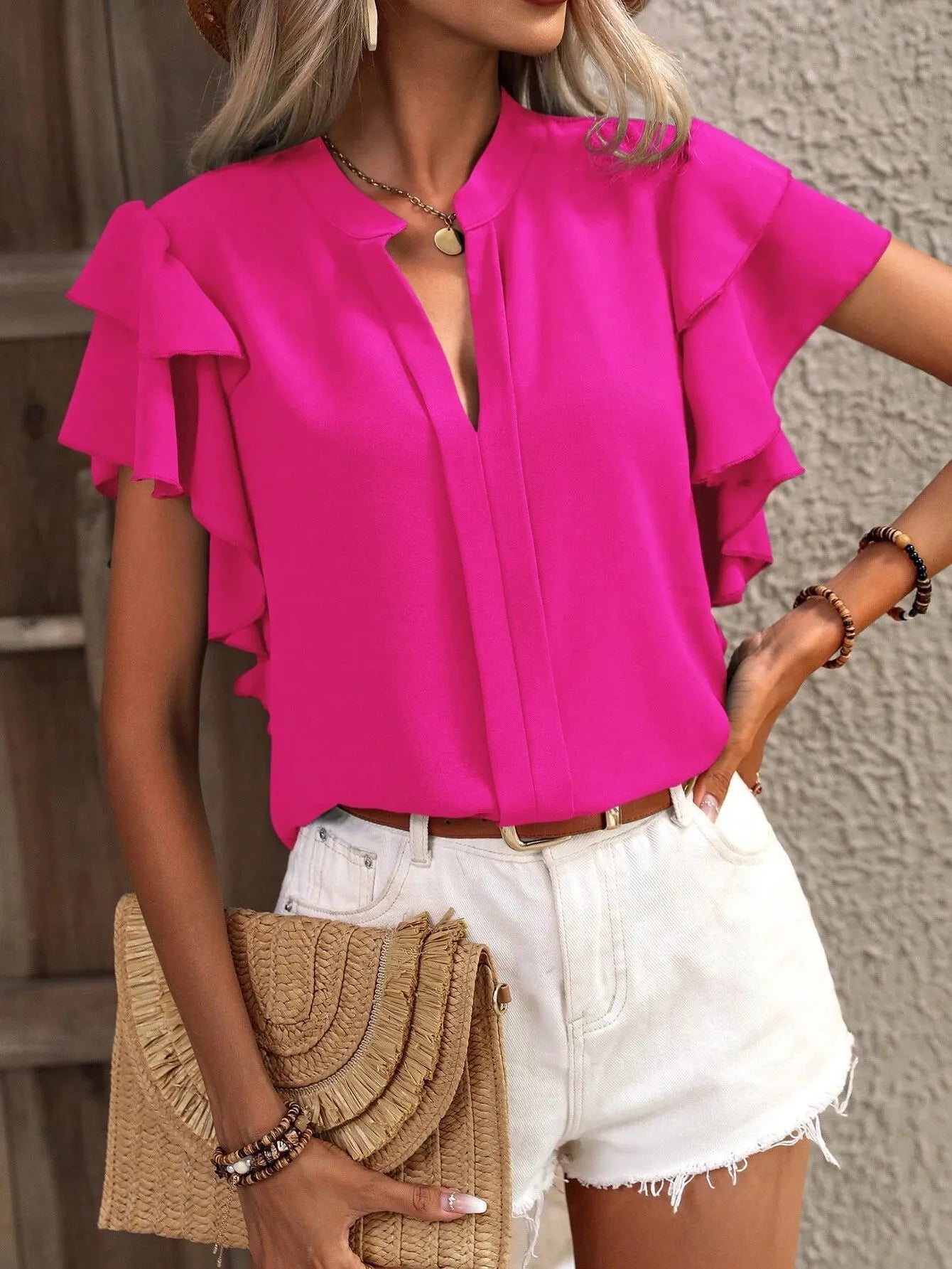 Ruffle Sleeve Notched Blouse