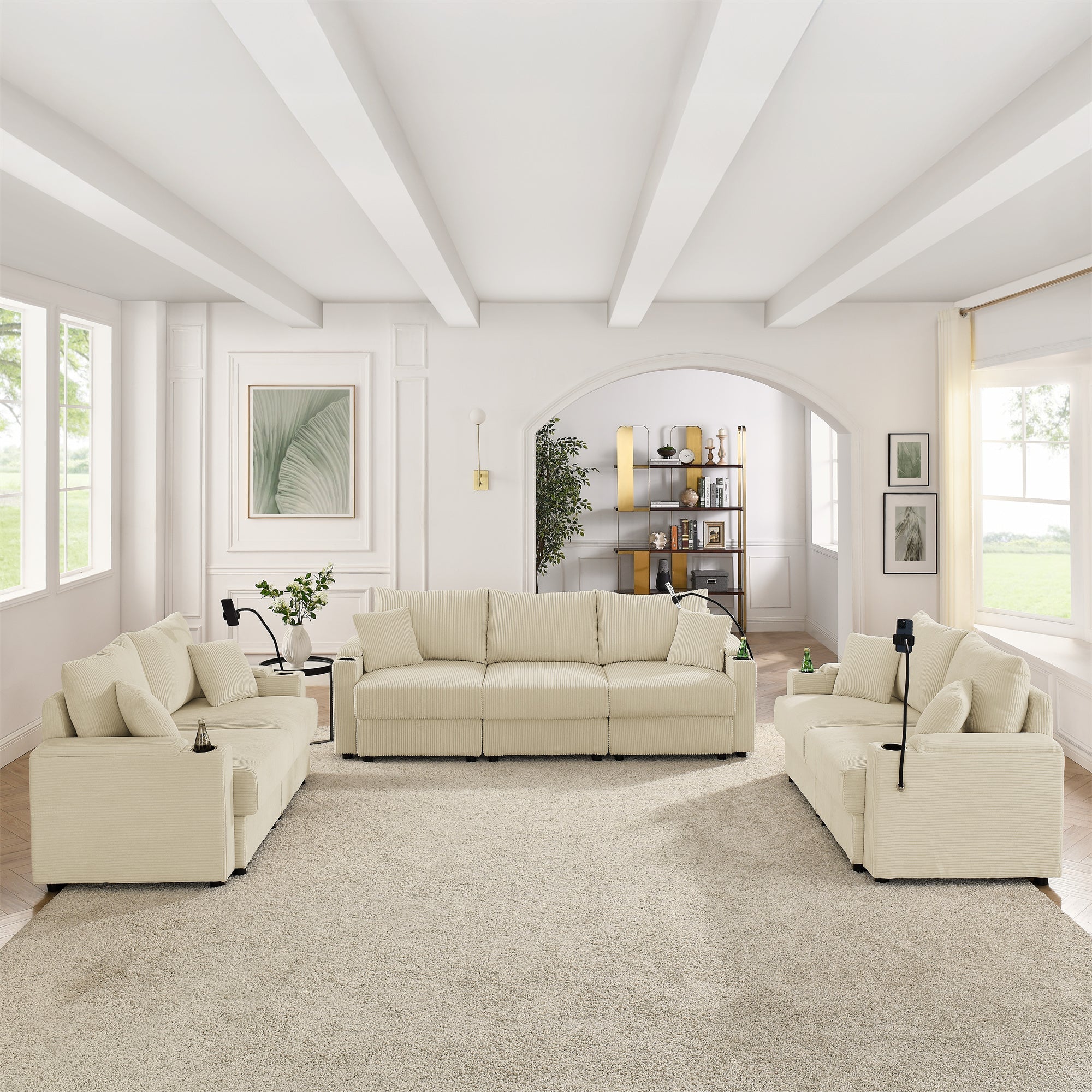 Modern  7 seats  Sofa  set  with Storage, Deep Seat Sofa with Cup Holders &amp;amp; Phone Holder , Beige Corduroy Couch for Living Room,Beige
