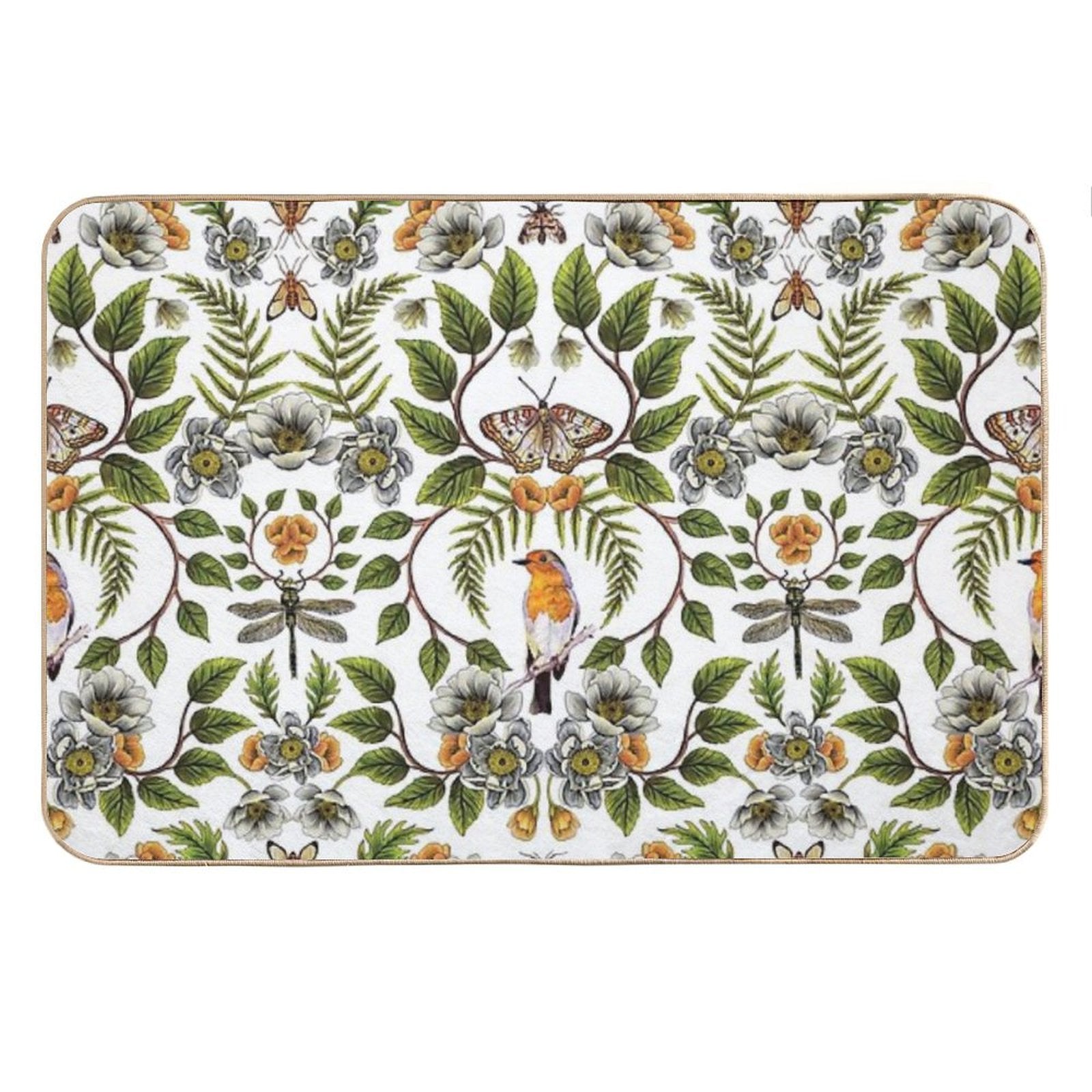 Spring Reflection - FloralBotanical Pattern W Birds, Moths, Dragonflies &amp;amp; Flowers Bath Mat